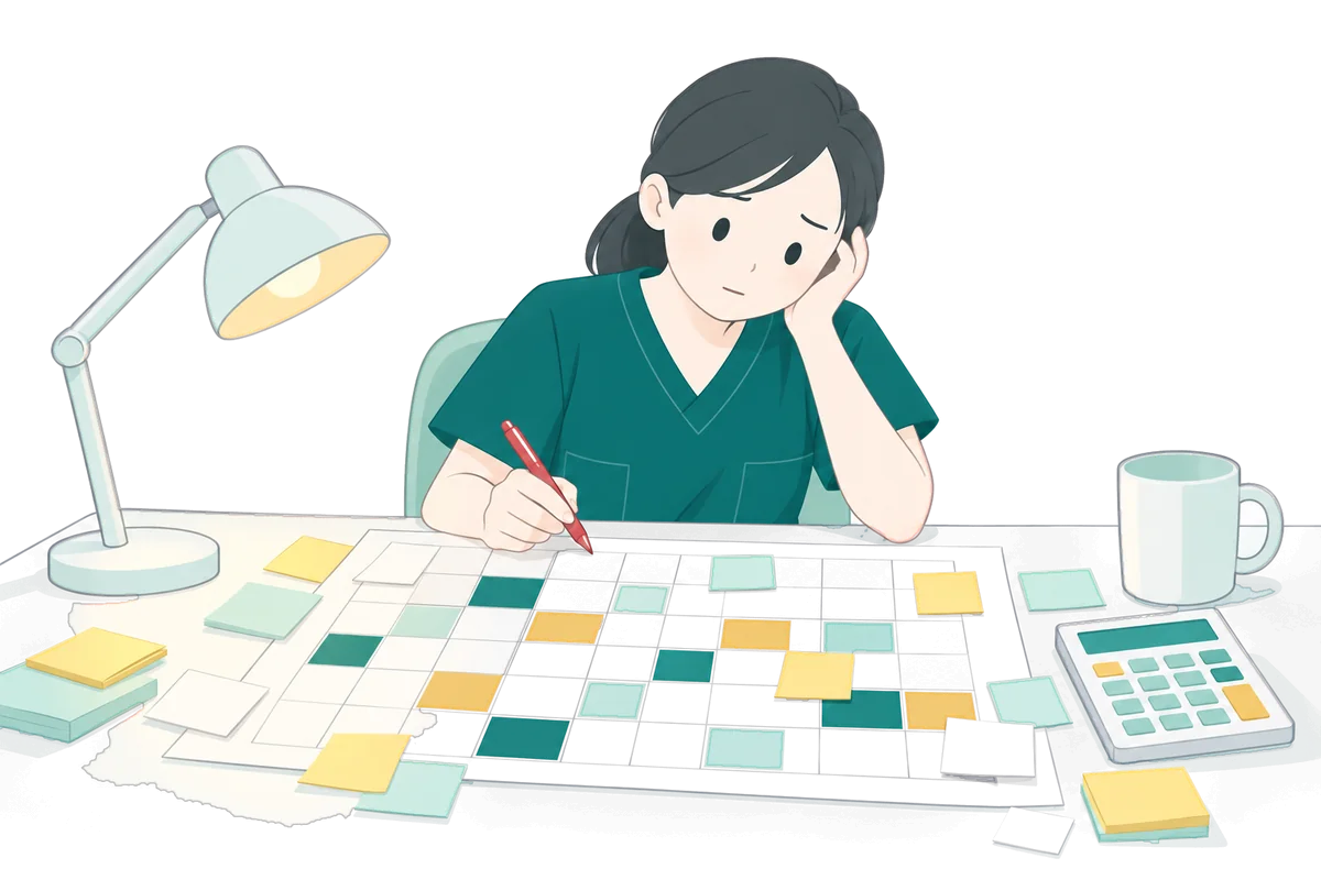 夜のナースステーションで、紙の勤務表と付箋を前に困っている看護師長のイラスト