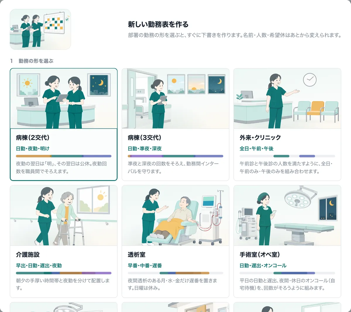勤務の形を選ぶ画面。病棟（2交代）・病棟（3交代）・外来・介護施設・透析室・手術室のカードが並ぶ